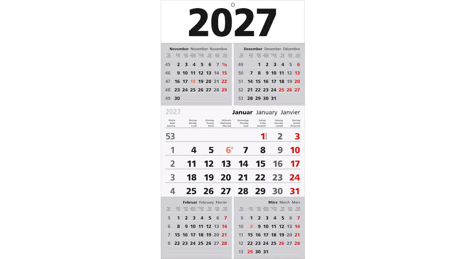 5-Monats-Wandkalender 2027 5 Monate/1 Seite 30 x 45 cm (B x H) 3 Stück/Pack weiß/grau