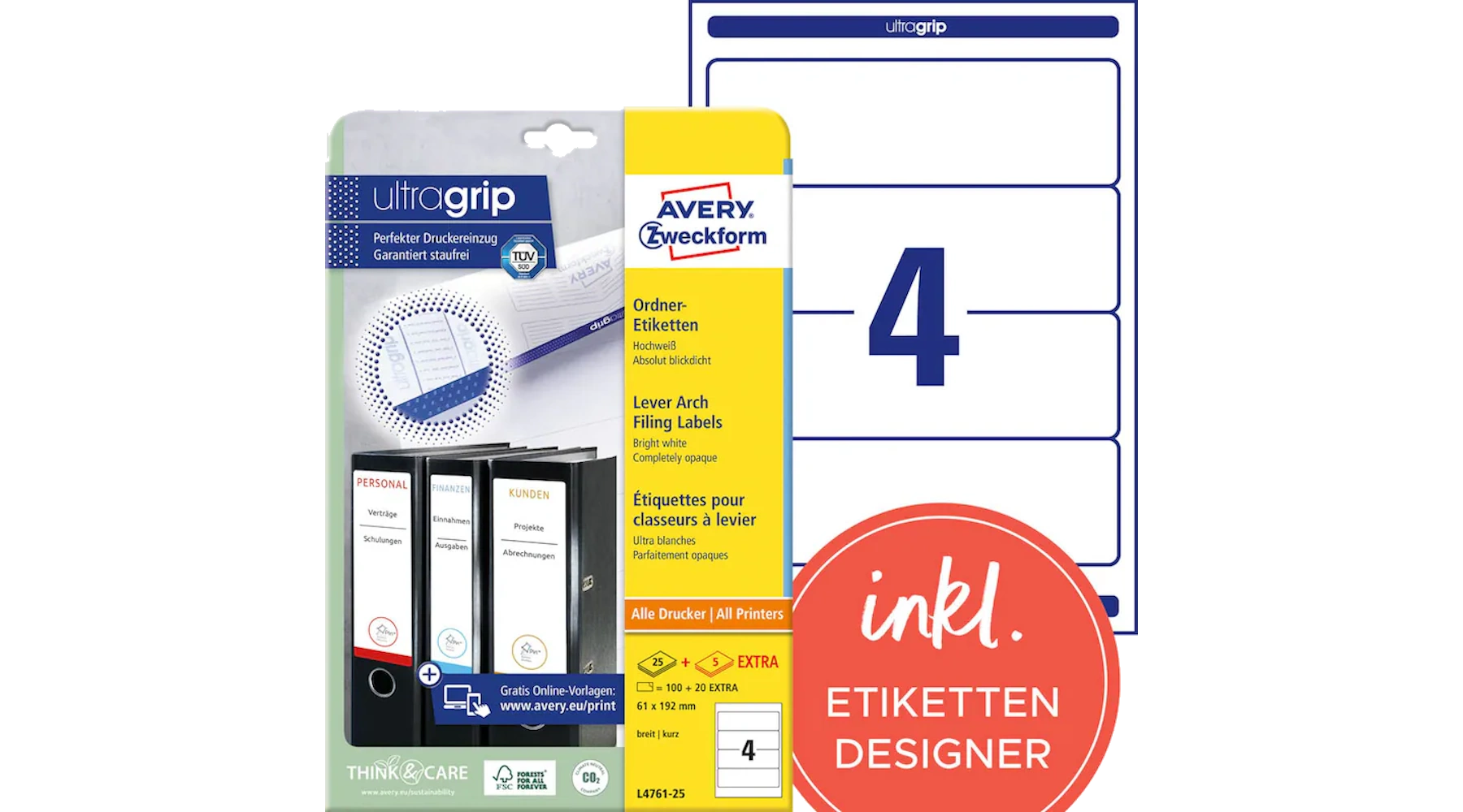 AVERY ZWECKFORM Ordnerrückenetikett ultragrip breit/kurz 61 x 192 mm (B x H) 120 Etiketten/Pack weiß