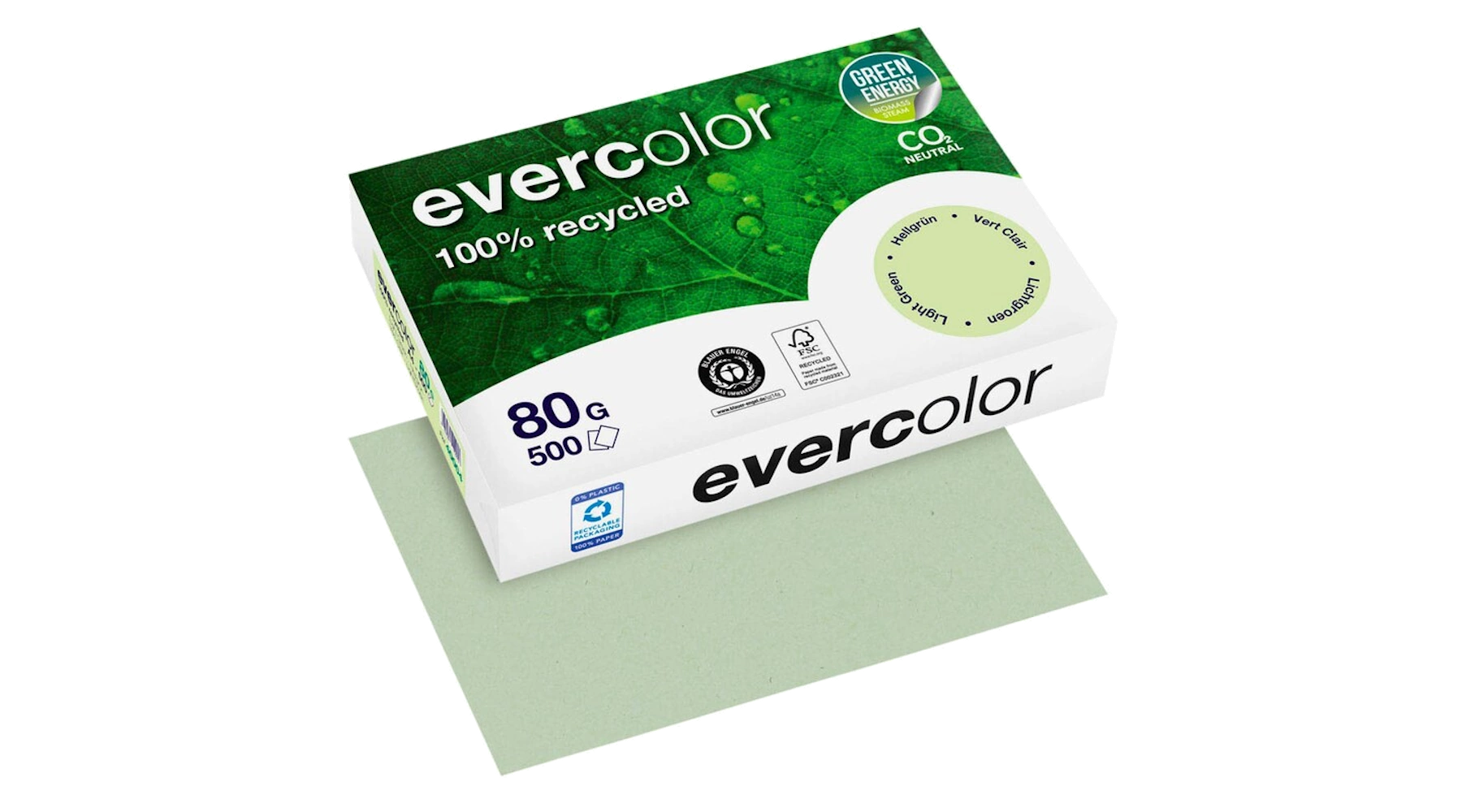 CLAIREFONTAINE Kopierpapier evercolor 80 g/m² 100 % Altpapier 500 Blatt/Pack hellgrün