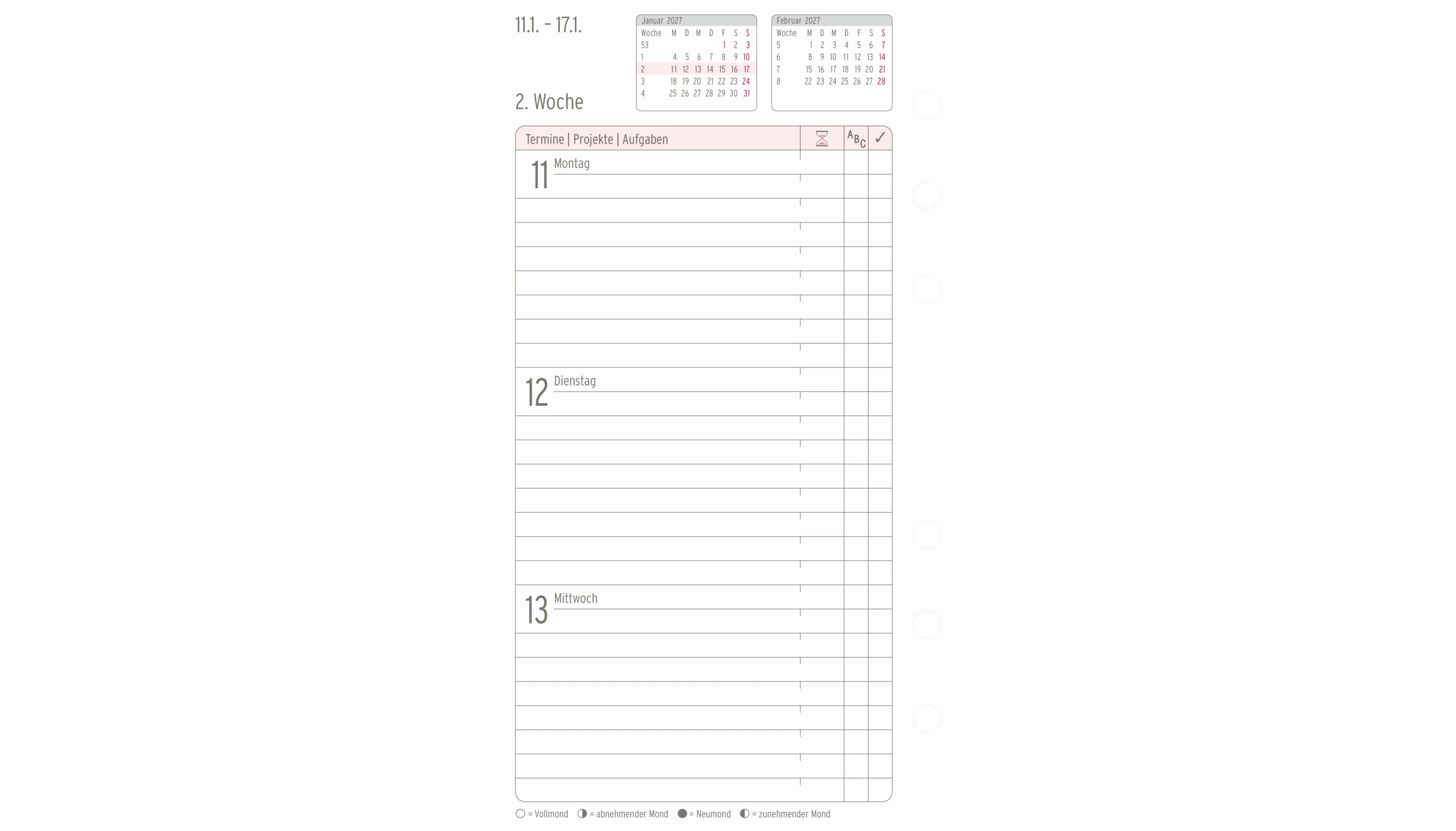 CHRONOPLAN Einlage Kalender Midi 2027  1 Woche/2 Seiten 96 x 172 mm (B x H) weiß