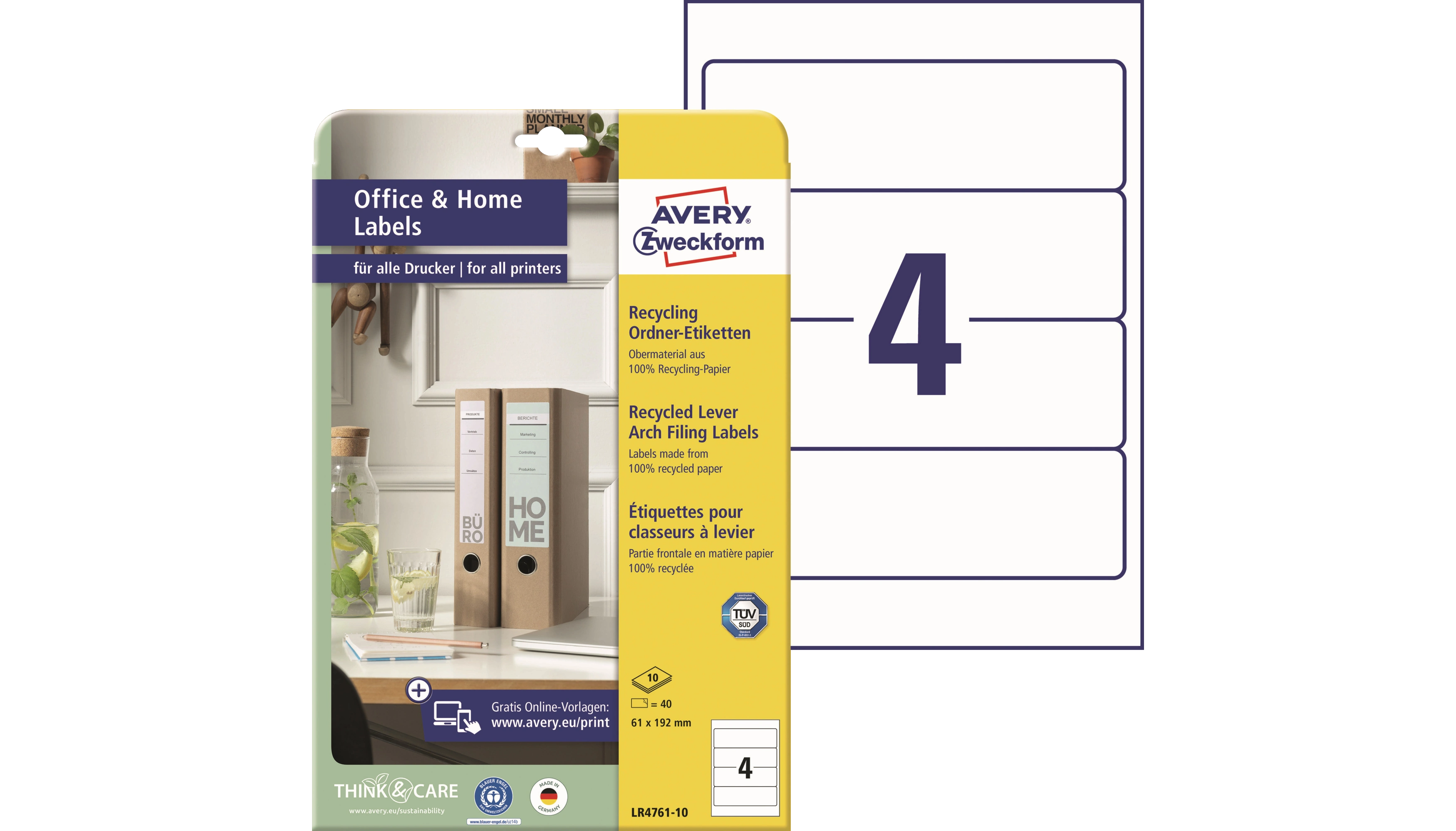 AVERY ZWECKFORM Ordnerrückenetikett Recycling  breit/kurz 61 x 192 mm (B x H) 40 Etiketten/Pack weiß