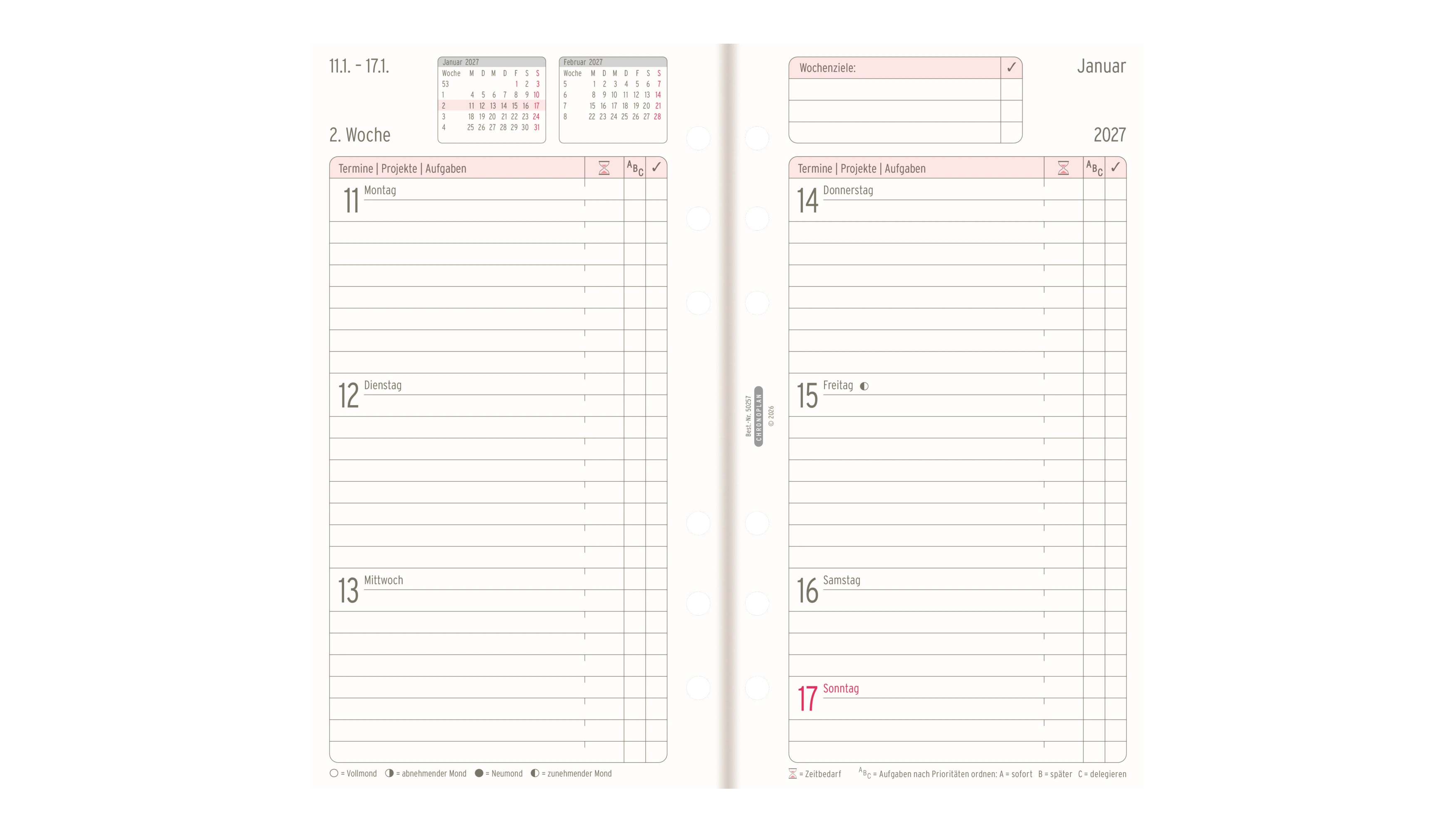 CHRONOPLAN Einlage Kalender Midi 2027  1 Woche/2 Seiten 96 x 172 mm (B x H) weiß