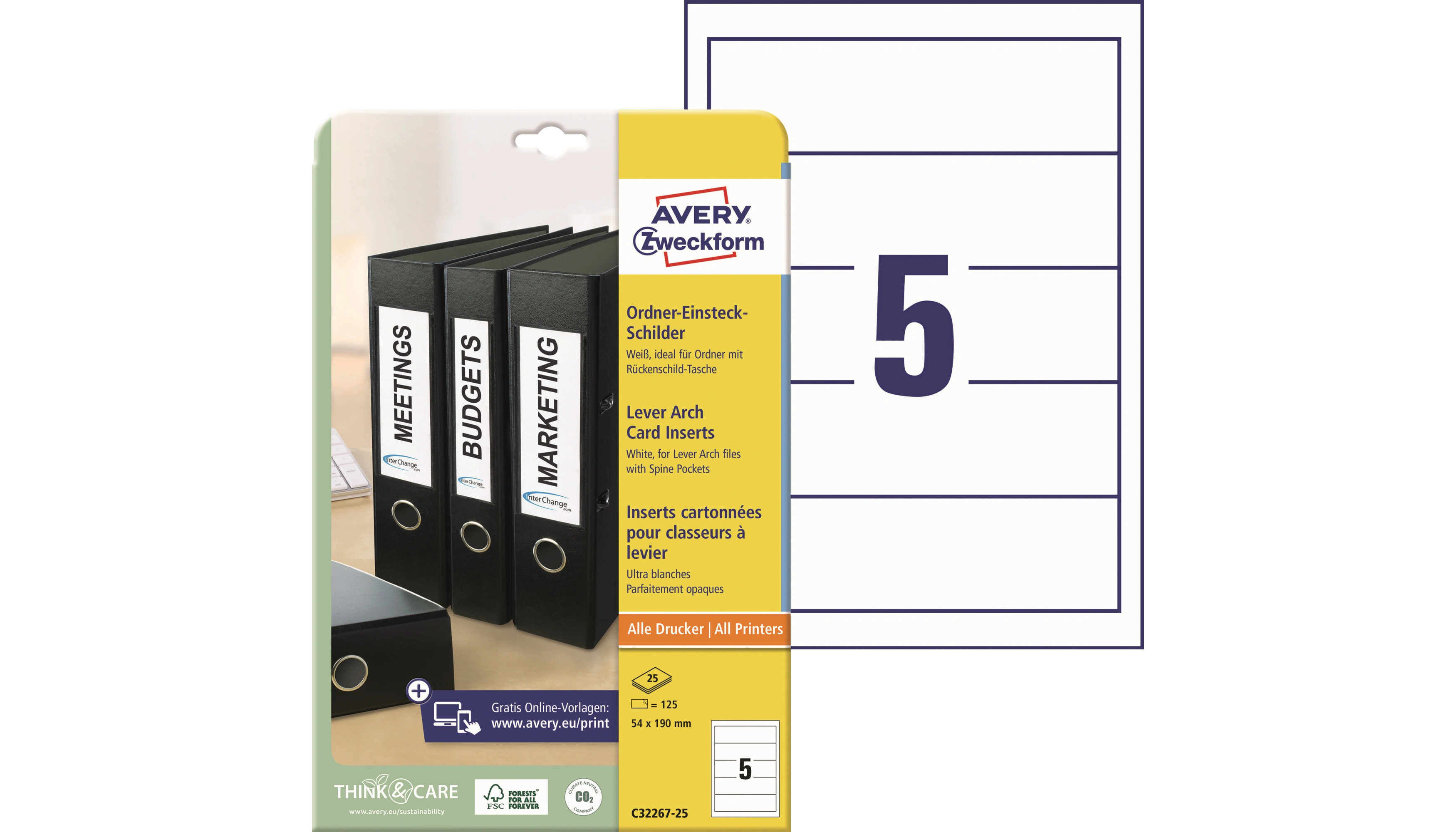 AVERY ZWECKFORM Ordnerrückenschild breit/kurz  54 x 190 mm (B x H) 125 Etiketten/Pack weiß