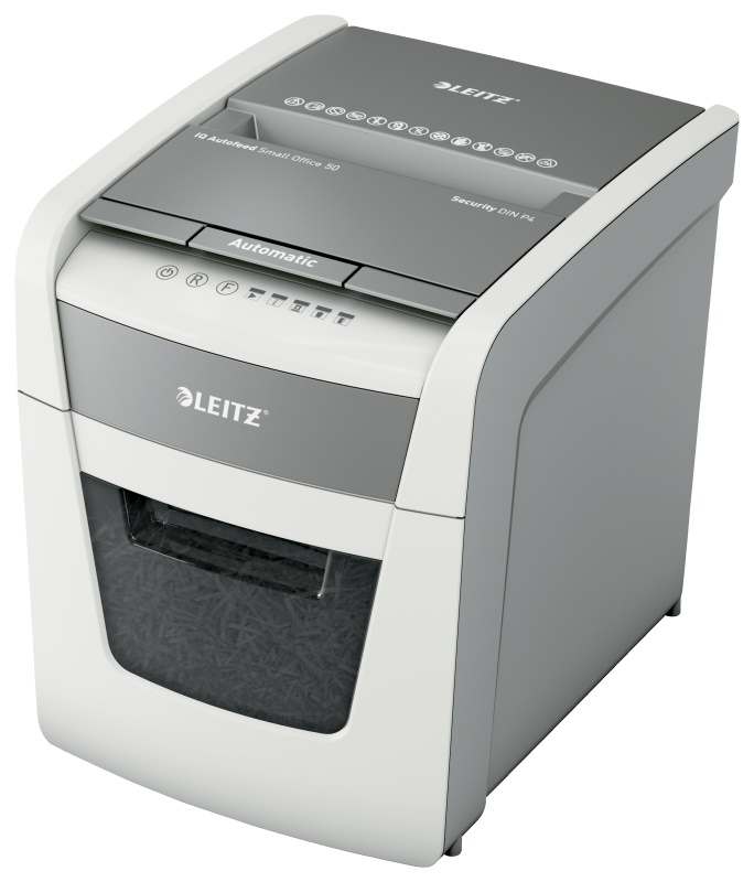 LEITZ Aktenvernichter IQ Autofeed Small Office 50 Partikelschnitt P-4 weiß