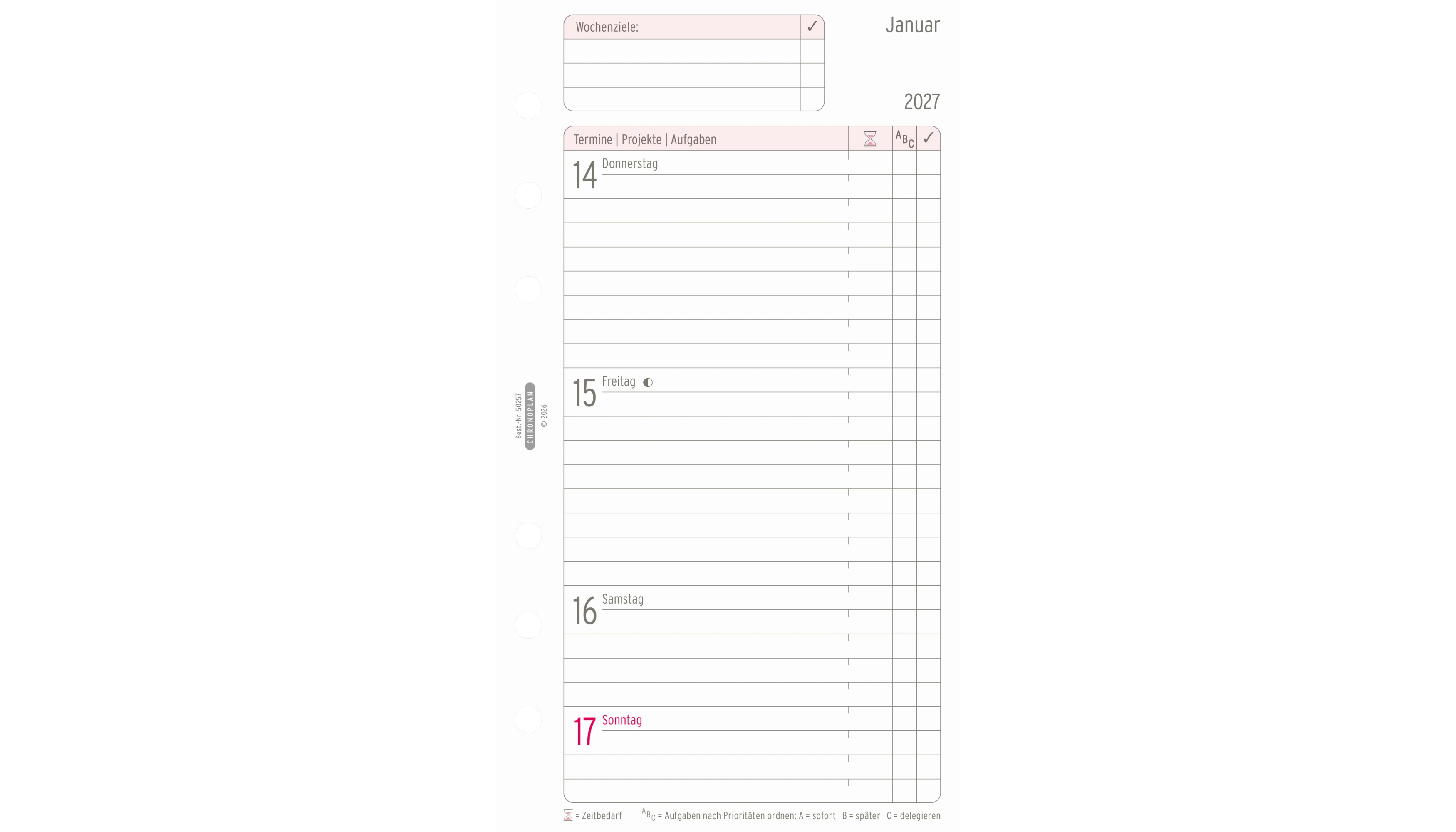CHRONOPLAN Einlage Kalender Midi 2027  1 Woche/2 Seiten 96 x 172 mm (B x H) weiß