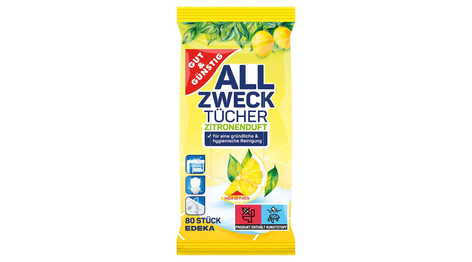 GUT&GÜNSTIG feuchte Allzweck-Reinigungstücher Zitronenduft 80 Tücher/Pack weiß