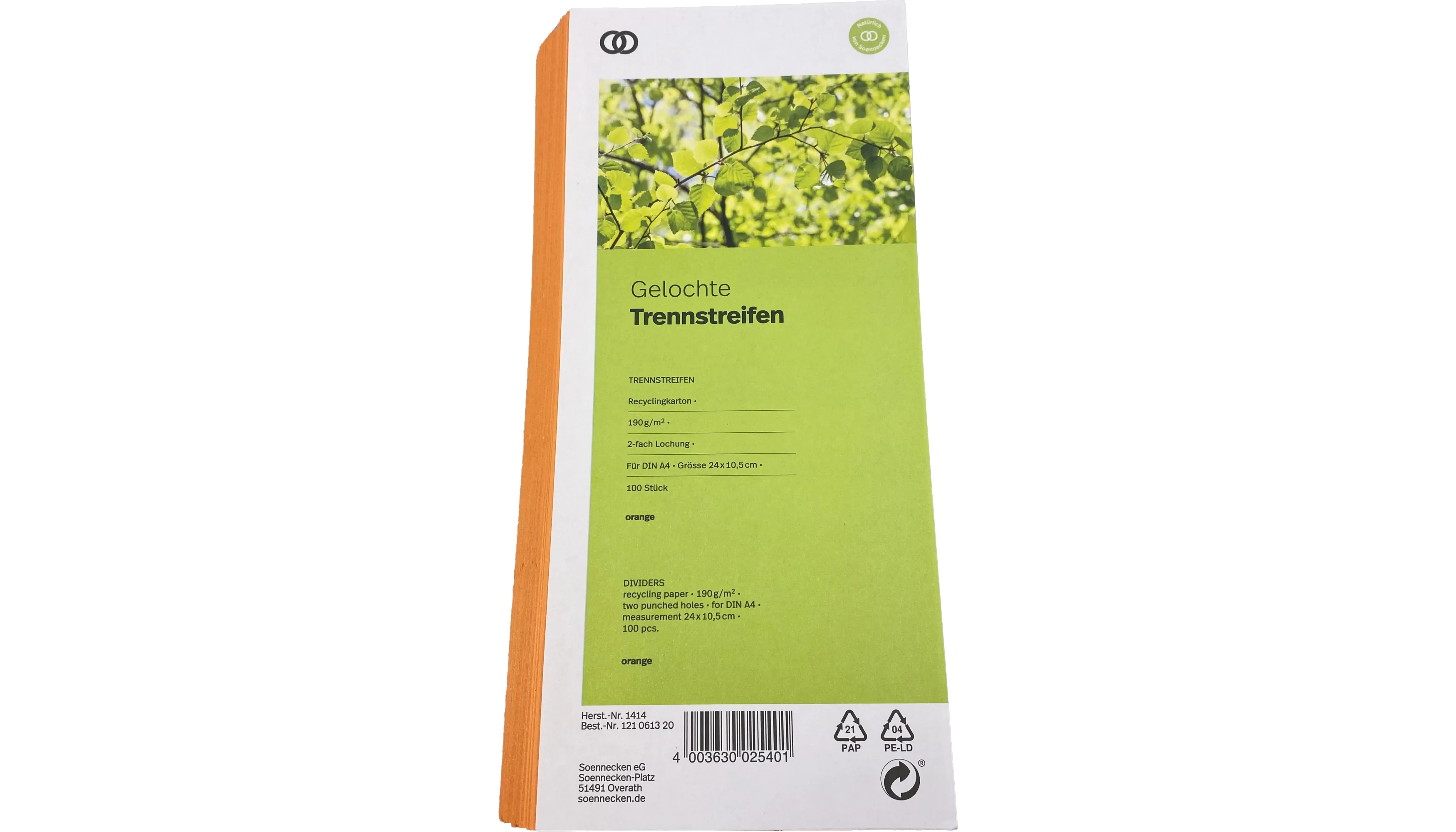 SOENNECKEN Trennstreifen oeco 190 g/m² Recyclingkarton 100 Stück/Pack orange