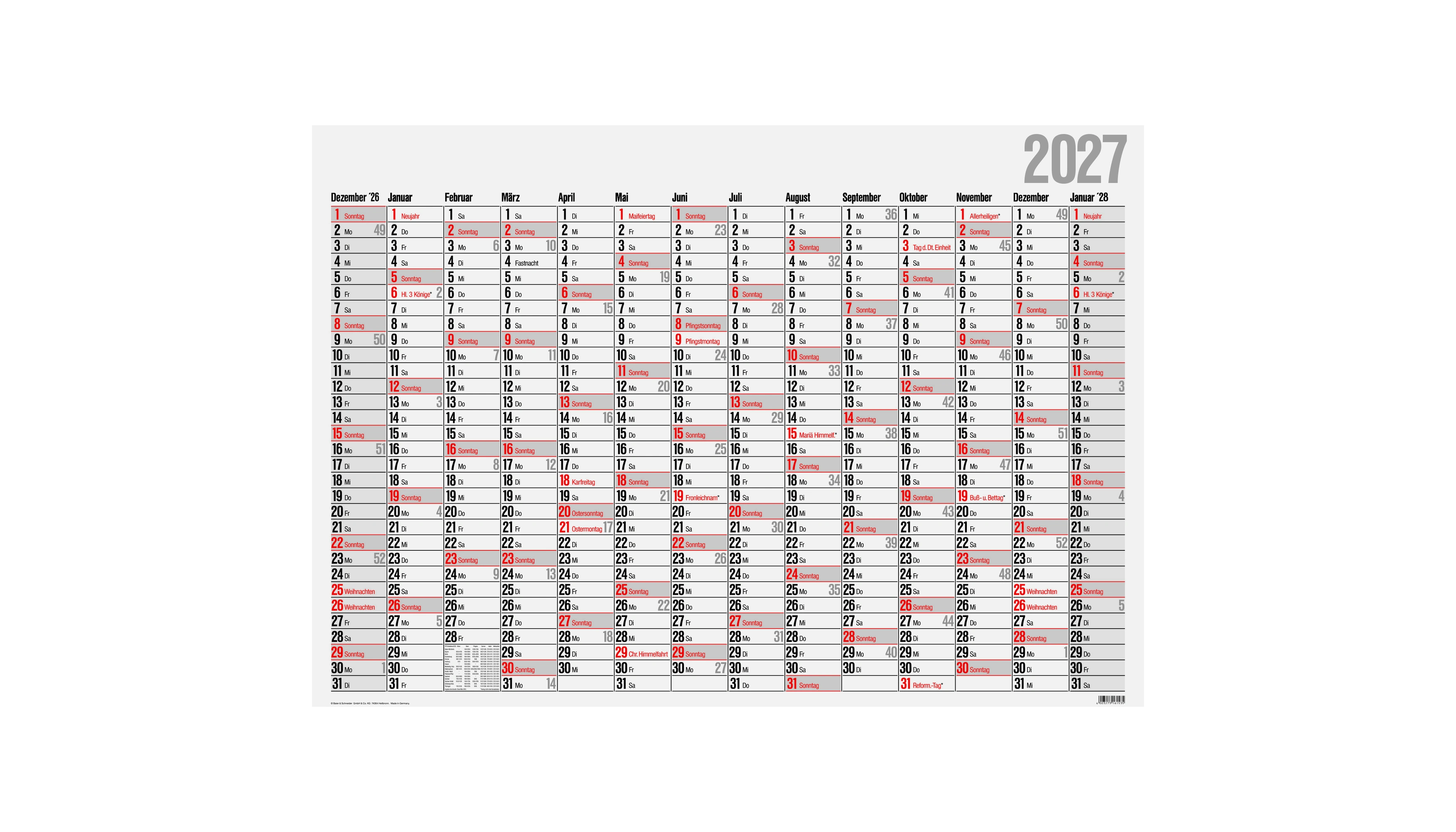 GLOCKEN Plakatkalender 2027 14 Monate/1 Seite  98 x 68 cm (B x H) Karton weiß