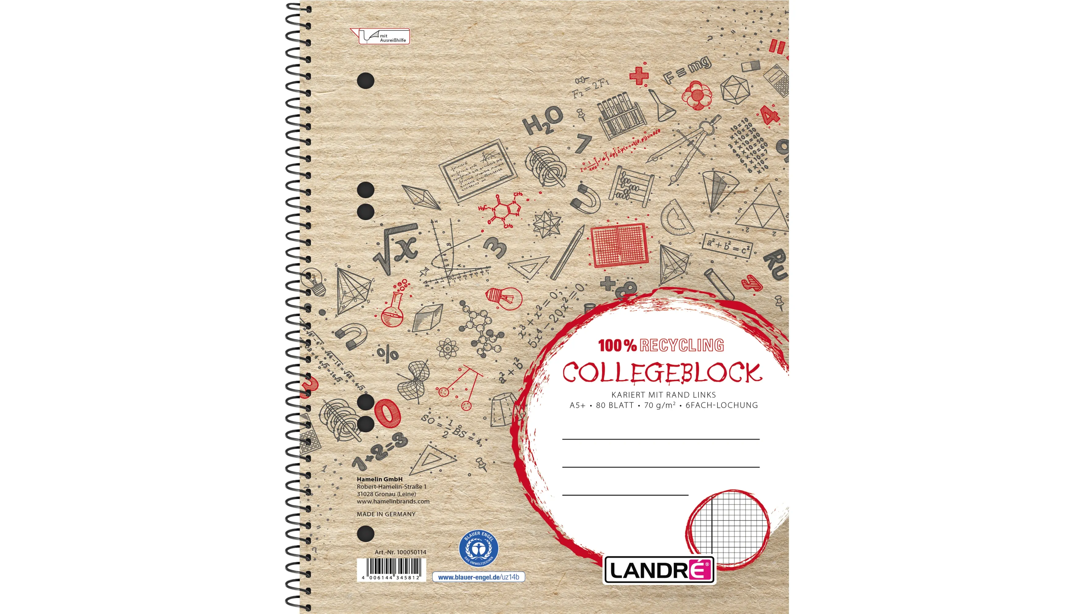 LANDRÉ Collegeblock Recycling DIN A5 70 g/m² kariert mit Rand 80Blatt